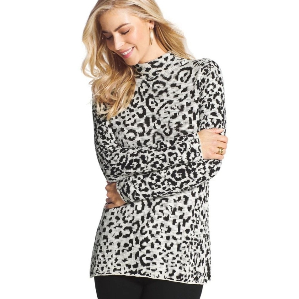 Chico's Chauncey Cheetah Cowl Neck Long Sleeve Sweater Size Large/12 Black White